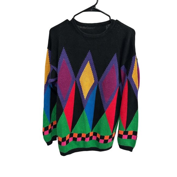 VTG Geometric Pullover Sweater Multicolor Crewneck Long Sleeve Artsy Eclectic - Picture 1 of 7